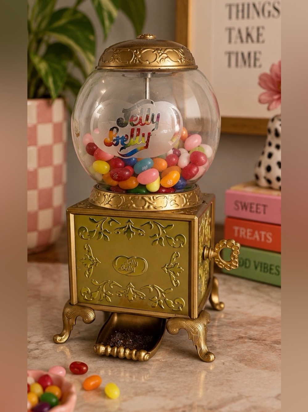 Vintage Jelly Belly Gold Jelly Bean Dispenser Gumball Machine Candy Decor